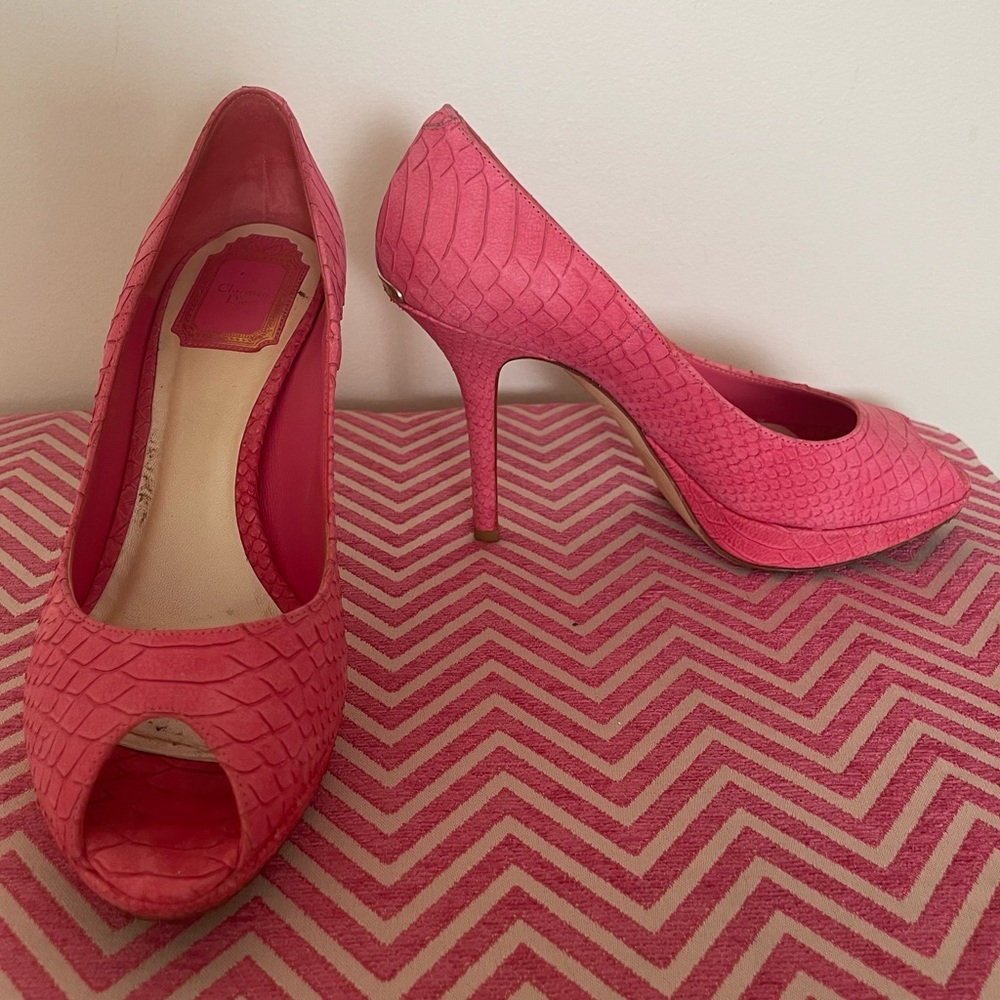 Dior pink faux python peep toe platform heels, pumps, size 38